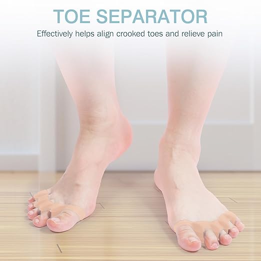 Silicone Toe Separators for Women & Men - Toe Spacers for Bunion Relief, Hammer Toe, Plantar Fasciitis & Pedicures | Includes Metatarsal Pad & Therapeutic Yoga Cushion for Foot Pain (2, Beige)