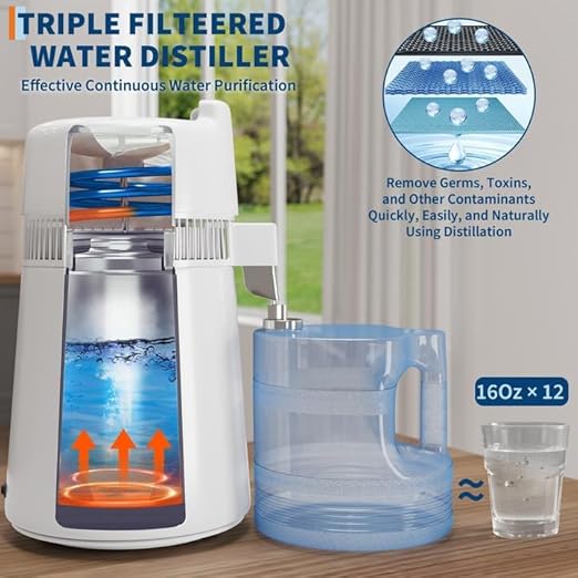 6L Countertop Stainless Steel Distilled Water Purifier, Distilled Water Making Machine with Plastic Container, Ideal for Household, Workplace, Lab, and Aquarium Usage-White