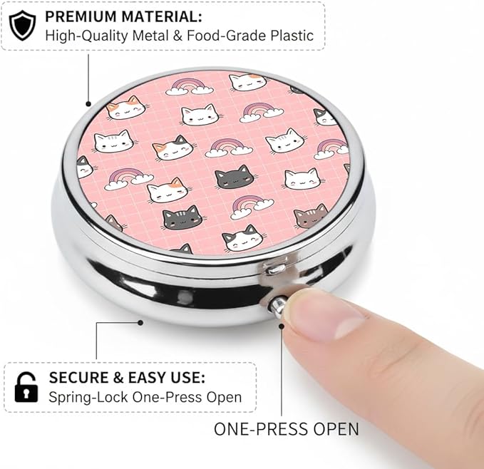 Cartoon Cat Pill Box 3 Compartment Small Pill Case,Portable for Pocket or Purse Pill Organizer Pill Container Holder with Mirror to Hold Vitamins, Medication, Fish Oil and Supplements