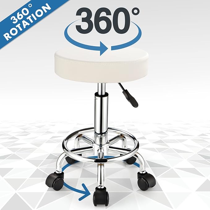 Adjustable Stool with Wheels, Modern Round Rolling Stool for Spa Salon Massage Office, White PU Leather Seat, 250 lbs Capacity