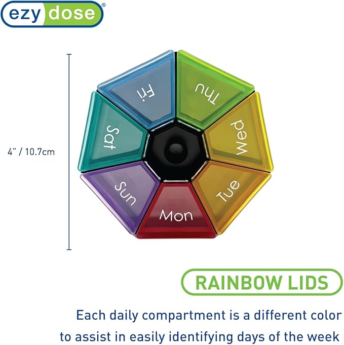 EZY DOSE Weekly Pill Organizer and Planner, Travel Pill Planner, 7-Sided, Rainbow Colors
