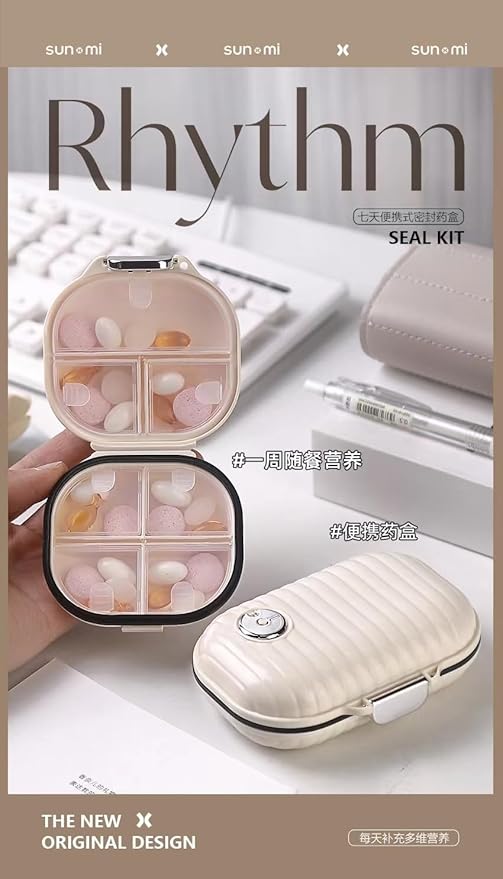 Pill Organizer Case with Carabiner, 7 Compartments,Compartmentalized Dispenser for Men and Women, Beige(Small Milk White)