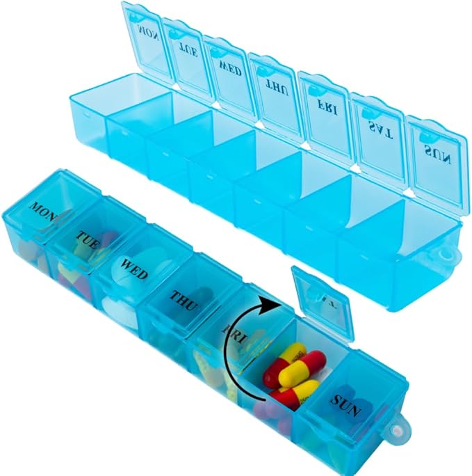 2 Pack Pill Box Weekly Pill Organizer Blue - Daily Pill Organizer, 7 Days One-Time-A-Day, Easy to Open Lids, Pop Up Compartments, Portable for Travels - Safe Material by December Springs