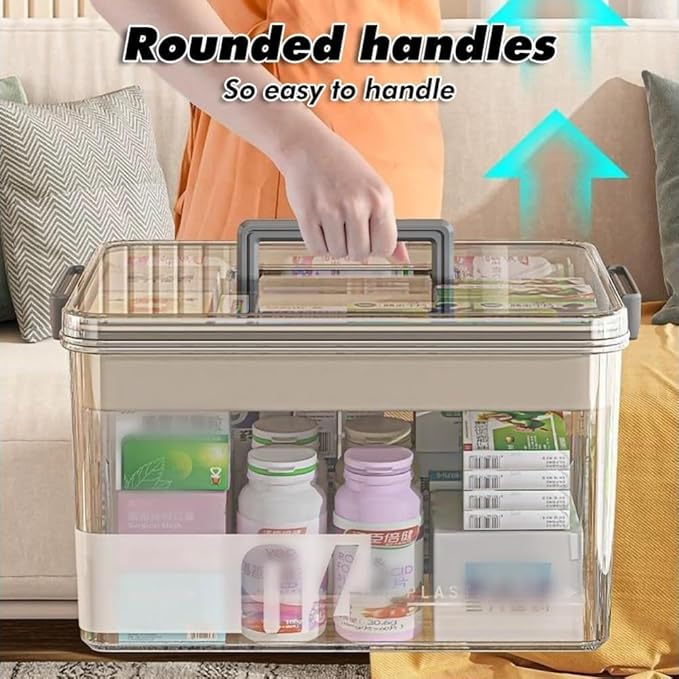 Medicine Storage Box - Pill Bottle & Medication Organizer, Transparent Multi-Compartment with Handle, Home Storage (15'L11.6'W9'H) White