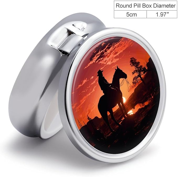 Round Metal Pill Box,Cowboy West Printed Travel Pill Organizer Portable Pill Container Small Pill Box for Purse and Pocket for Storing Vitamins, Medicines and Supplements