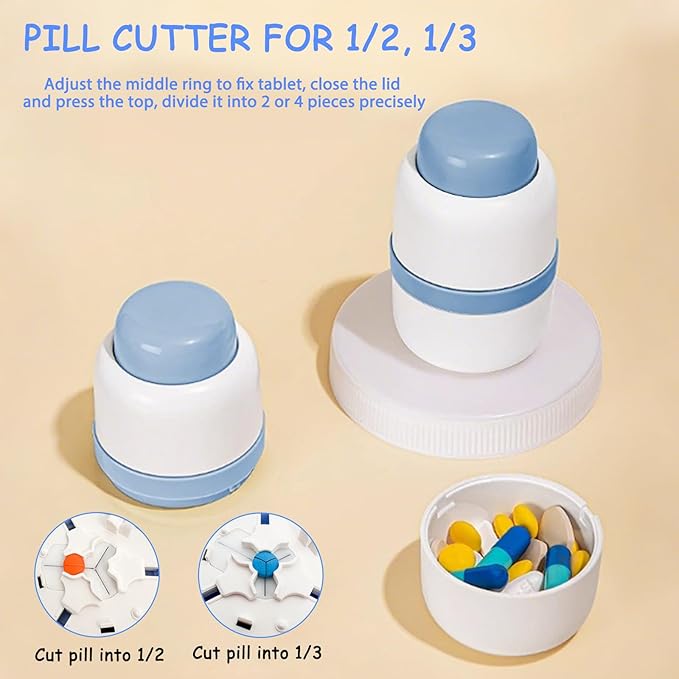 1/3 Pill Cutter with Storage, Professional 1/2 & 3 in 1 Pill Splitter for Small or Large Pills, Precise & Easy Stainless Steel Blade (Blue)