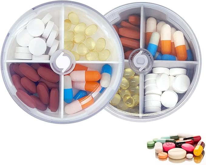 2PCS Pill Organizer 2 Packs Portable Travel Pill Box Round Rotatable Pill Case 4 Large Compartments Medicine Organizer for Vitamin Fish Oil Pills Supplements (Grey + White)