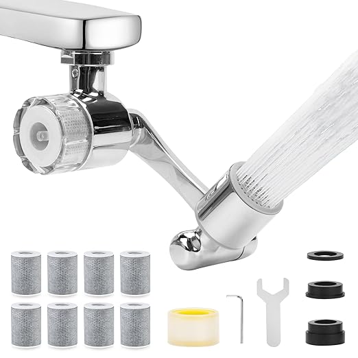AIDUCHO 1080° Rotating Faucet Extender & Water Filter, 2-Spray Mode Aerator with Robotic Arm, Universal 3-Size Fit, Removes Chlorine & Impurities for Skin Care & Kitchen