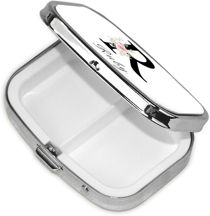 Custom Pill Box Personalized Square Small Pill Case with Mirror Add Your Photo Text Logo Name Decorative 2 Compartment Portable Metal Medicine Container Vitamin Organizer for Pocket Purse Travel (R)