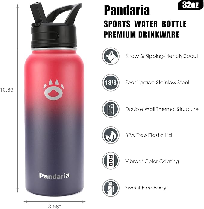 Insulated Water Bottle 32oz, Stainless Steel Water Bottle with Straw & Spout Lids & Paracord Handle | with Straw, Spout Lids, Paracord Handle