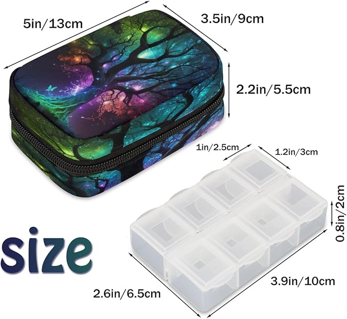 Tree of Life Galaxy Travel Pill Organizer Box Weekly Portable Pill Case Daily Pills 7 Day Small Birth Control Pills Container Removable Compartments for Medicine Vitamins Fish Oil