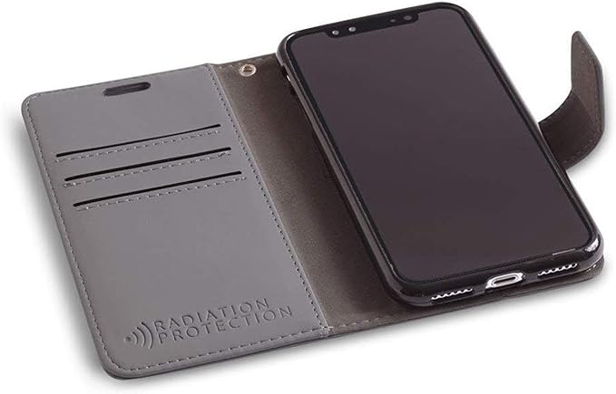 SafeSleeve Wallet Leather Case for iPhone 12 Mini EMF Blocker for Cell Phone with 3 Card Holder & Adjustable Stand – Magnetic Closure, and Magnetic Folio Protection for Daily Use (Grey)