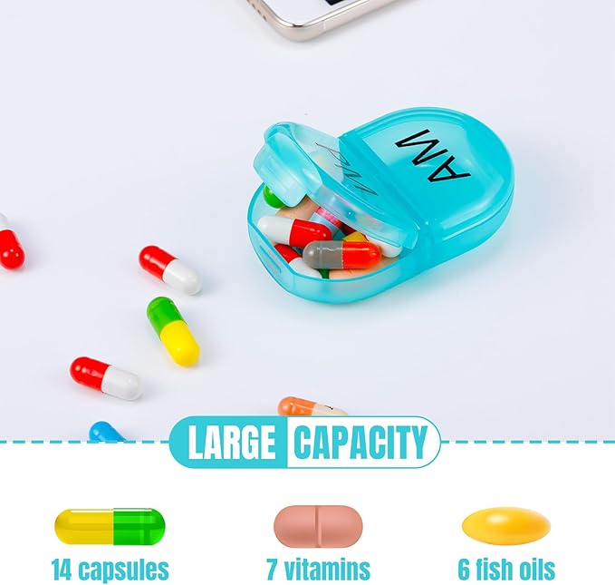 6 Pack Pill Organizer Pocket Small Case Holder Am Pm Pill Case Portable Two Compartment Round Travel 2 Times a Day for Vitamin Medication Supplement(Green)