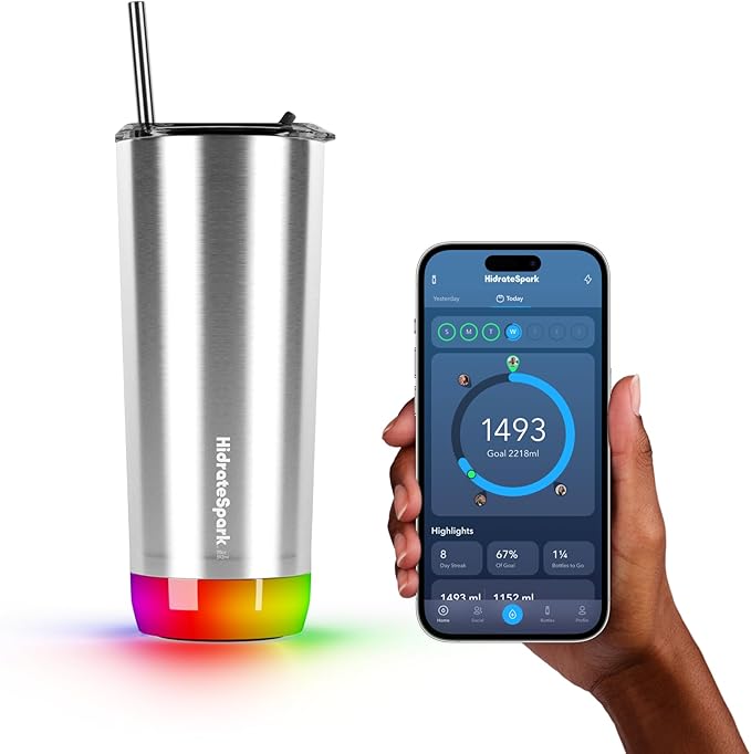 Hidrate Spark PRO Smart Tumbler Bundle – Insulated Stainless Steel – Tracks Water Intake with Bluetooth, LED Glow Reminder When You Need to Drink – 20oz (Black)