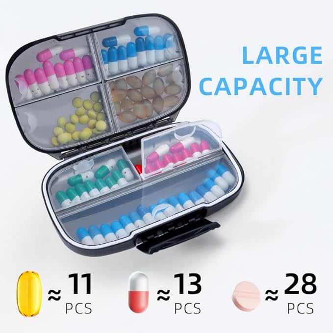 ZeehoTravel Pill Organizer Weekly with Double Lock, 7-Day Large Capacity Medicine Case, Waterproof with Triple Protection, 7 Compartments,Airtight Daily Container with Labels for Vitamins/Supplements