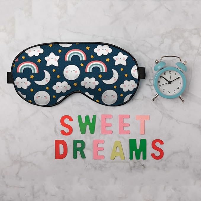 Cute Sky Night Eye Mask Sleeping Mask Moon Clouds Rainbows Stars Sleep Masks Silky Soft Eye Cover for Women Men Shading Blindfold for Air Travel Sleeping