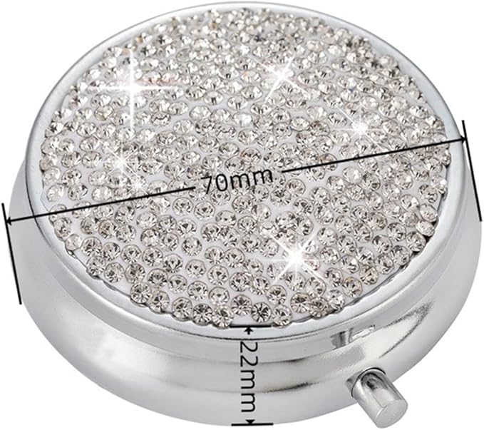 Bling Pill Box, 3 Compartment Medicine Pill Case Holder, Bling Crystal Rhinestones Waterproof Pocket Pill Case ound Medicine Organizer for Vitamin/Fish Oils/Supplement. (Silver)