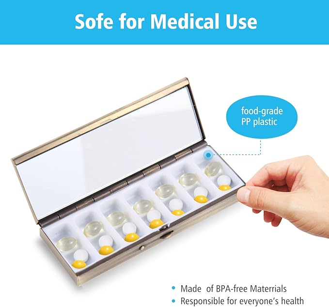 7 Day Pretty Mini Metal Pill Organizer Pill Box with Spring Open Design and 7 Compartment to Hold Vitamins Cod Liver Oil Supplements and Medication(Bronze)