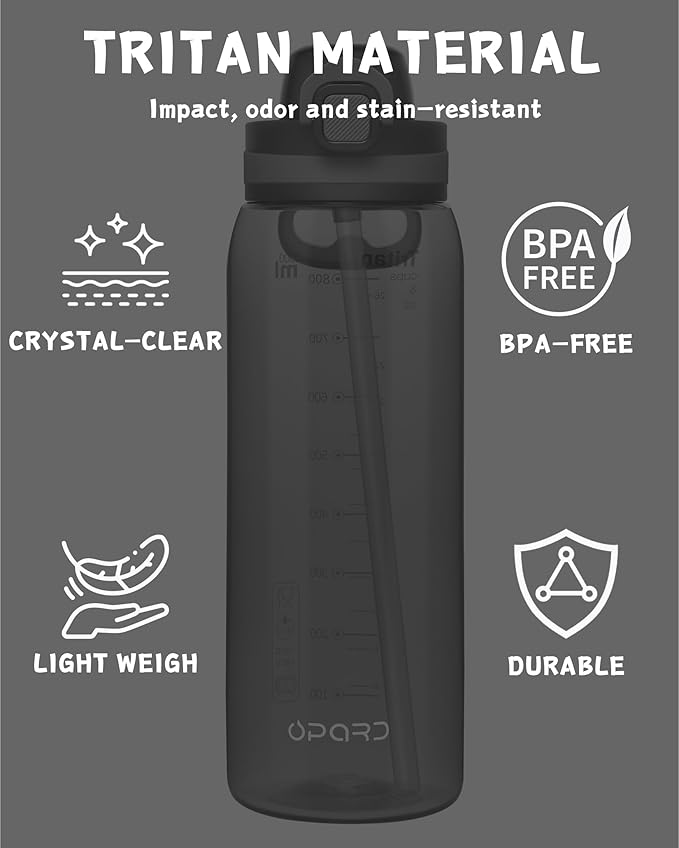 Opard Peak 1000 ml/34 oz Water Bottle with Straw Cap, BPA-Free, Leak Proof Flip Top Bottle