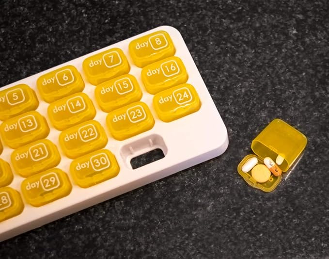 31 Day Monthly 3X a Day Pill Organizer with Daily Removable Pods (3 Pack, Yellow, Blue & Grey)