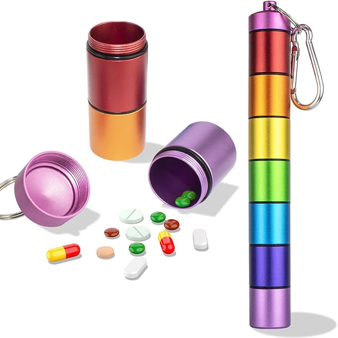 Weekly 7 Day Pill Organizer Travel Friendly Vitamin Organizer Pill Case Container Waterproof Pill Case with Keychain for Pills/Vitamin/Fish Oil/Supplements Metal Pill Holder Me (Rainbow)