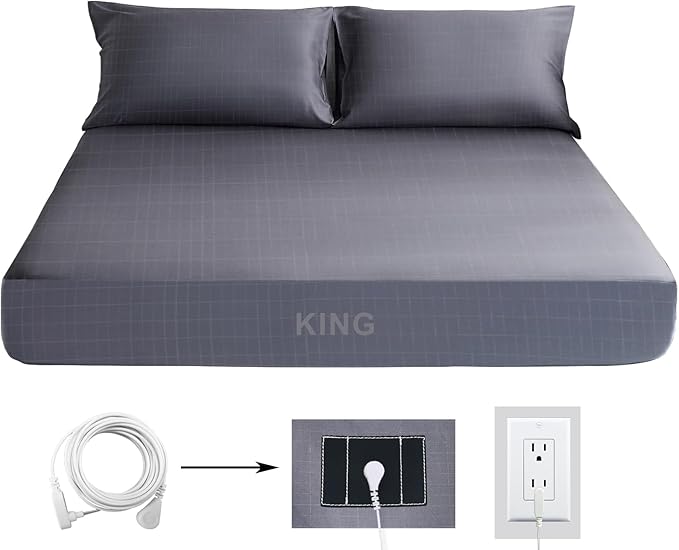 Grounding Sheets Grounded King Size Fitted Sheet,Cotton + Silver Fiber,14" Deep Pocket Earth Connected Bed Sheet(76"x80"x14",Grey)