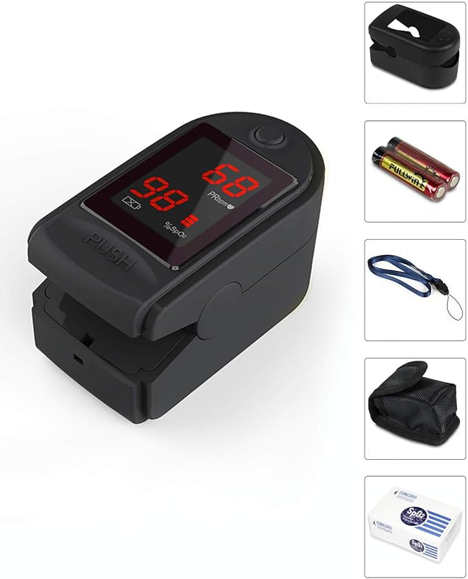 Concord Basics Fingertip Pulse Oximeter - Blood Oxygen Saturation Monitor with Carrying Case, Batteries, Silicone Cover & Lanyard - Easy to Use, Accurate SpO2 & Pulse Measurement (Black)