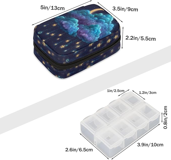 Stars Clouds Moon Pill Case Everyday Travel, 7 Day Weekly Medicine Pill Box Compact Portable Pills Bottle Organizer with Zipper for Daily Vitamin Medicine Holder Bottle Organizers Bag