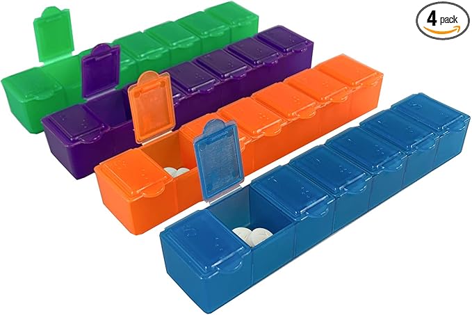 USA Merchant - 7 Day Pill Box Small with Snap Close Lids - Weekly Pill Organizer 4 Times a Day or 28 Day Dispenser - Comes with 4 Separate 7 Day Pill Containers for Vitamins, Supplements, and Medicine