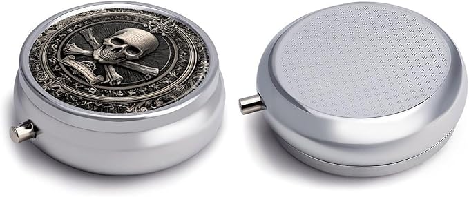 Pill Box-3 Compartment Small Pill Case, Portable Round Pill Box for Pocket or Purse, Decorative Metal Medicine Vitamin Organizer. (Skull)