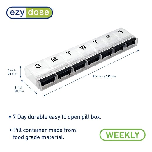 EZY DOSE Weekly (7-Day) AM/PM Daily Pill Organizer, Vitamin Case, and Medicine Container, X-Large Compartments, Arthritis Friendly, Convenient with Effortless Portability, Clear/Black Lids, BPA Free