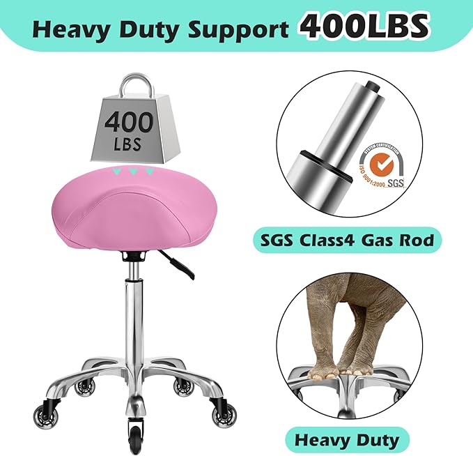 Saddle Stool with wheels Ergonomic - Heavy Duty 400lbs, Upgraded Thick Saddle Cushion, Healthy Posture Correction, Swivel Adjustable Rolling Saddle Stool, Saddle Chair for Salon Massage Home (Pink)