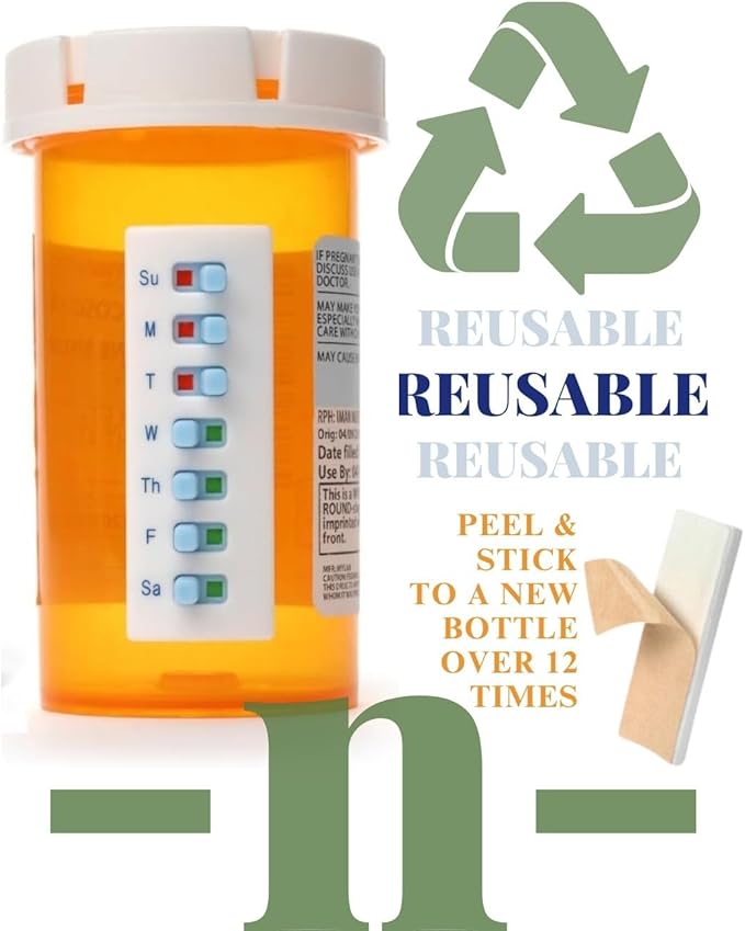 Peel and Stick Reusable for 12 + Refills, Pill/Medication/Vitamin/Pet Med Tracker & Reminder, Attach to Your Bottle, Organizer-Free, Curved‑Back (White, 2-Pack)