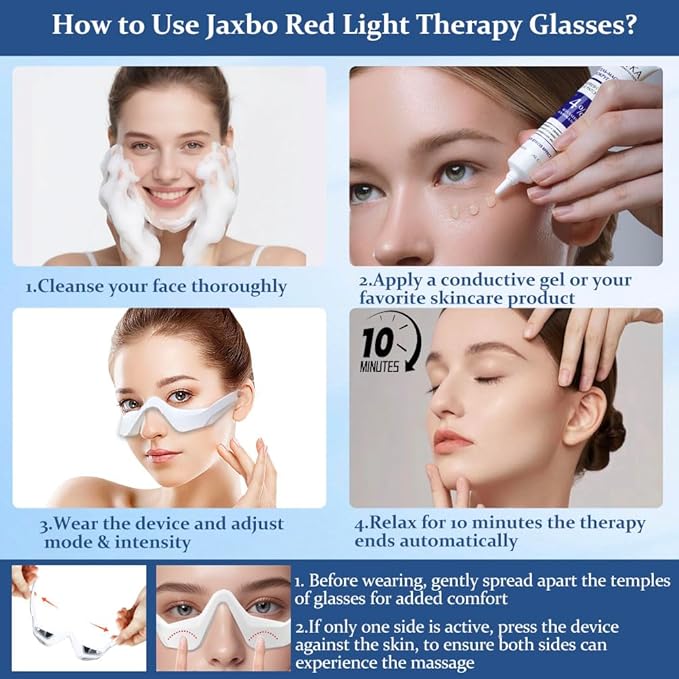 Under-Eye Red Light Therapy Device, Jaxbo Red Light Therapy Glasses with Microcurrent,Eye Massager for Relieve Eye Bags, Eye Fatigue, Dark Circles, with Glasses Cleaning Cloth