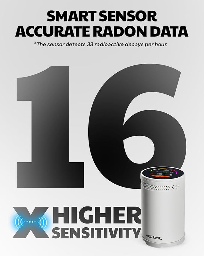 HOUND-3699 Radon Detector with High-Sensitivity Sensor, 10-Minute Measurement Updates, Audible & Visual Alarms, Touchscreen Color Display, Long-Term Radon Monitoring for Home - White