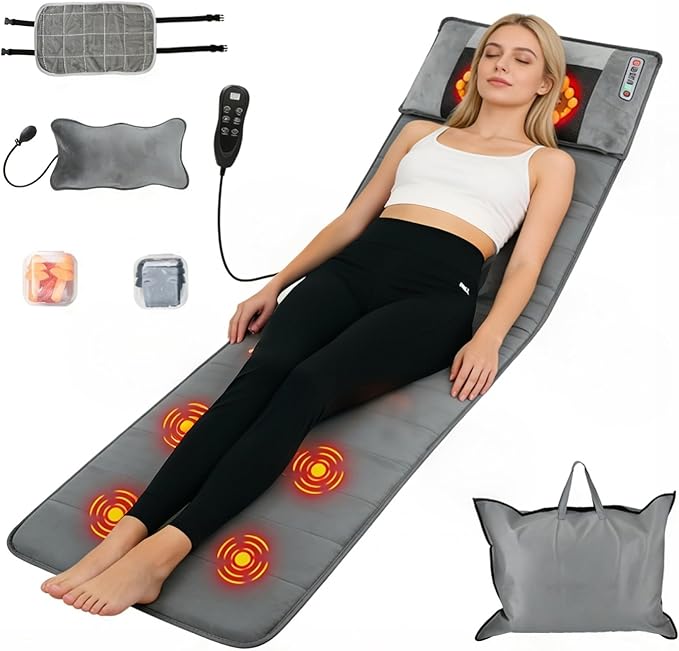 Full Body Massage Mat with Heat, 10 Vibration Nodes Massage Chair Pad with 3 Heating Levels, Multifunctional Full Body Relaxation Seat Back Massager with Head Neck Foot Massage Pillow for Home Office