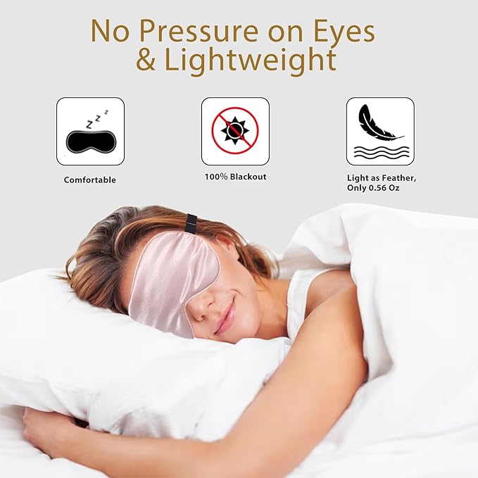 4 Pack Super Soft Silk Sleep Mask - 100% Blackout, Zero Eye Pressure, Blindfold with Adjustable Strap, Travel Eye Covers (Black&Pink&Blue&Light Blue)