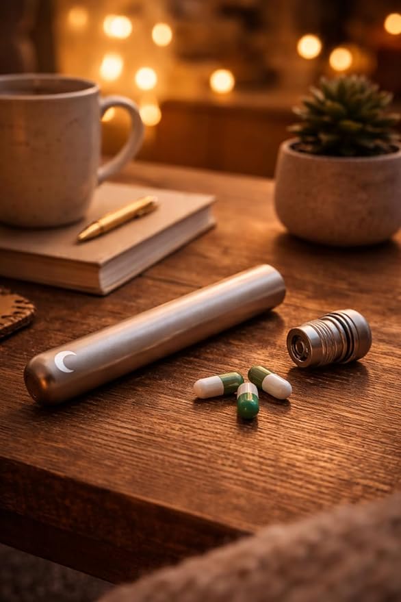 Brando Moon Small Metal Pill Container Tube – Durable Compact Pocket Pill Case 4.5” – Water-Resistant, Travel-Ready Design for Medications, Vitamins & Small Items – Lightweight Easy to Carry