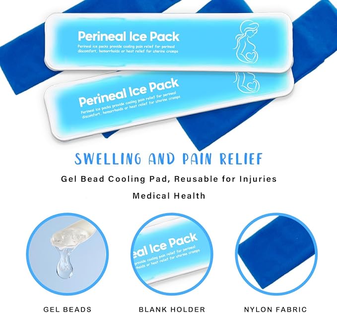 Perineal Ice Packs for Postpartum Reusable, Perineal Cold Packs, Postpartum Hemorrhoid Pain Childbirth Recovery Care, 2 Gel Pads+3 Washable Sleeves (Blue)