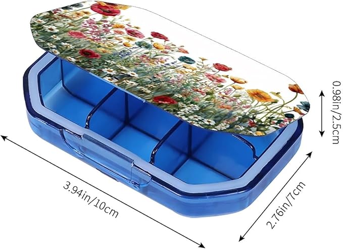 This Portable Watercolor Wildflower Pattern 6-Compartment Pillbox Can Be Placed in A Pocket Or Wallet to Store Vitamins, Medicines Fish Oil Health Supplements Other Medications.