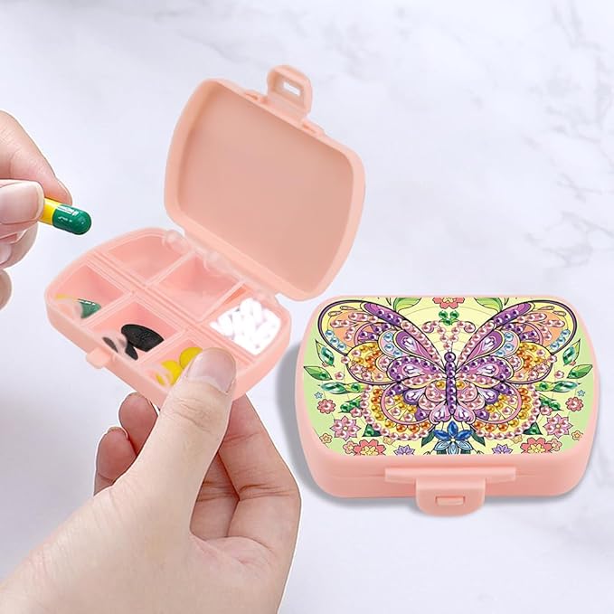 C'eitura 2pcs DIY Flower & Butterfly Diamond Art Painting Pink Pill Organizer with 6 Lid Detachable Compartments, Fun DIY Craft Project for Adults, Elegant Pill Case for Purse & Travel
