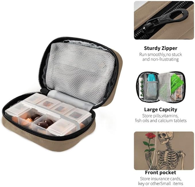 Skull Rose Pill Box 7 Day Pill Case Travel Pill Organizer Bag with Zipper Portable Weekly Vitamin Medicine Supplement Holder Pouch Bag