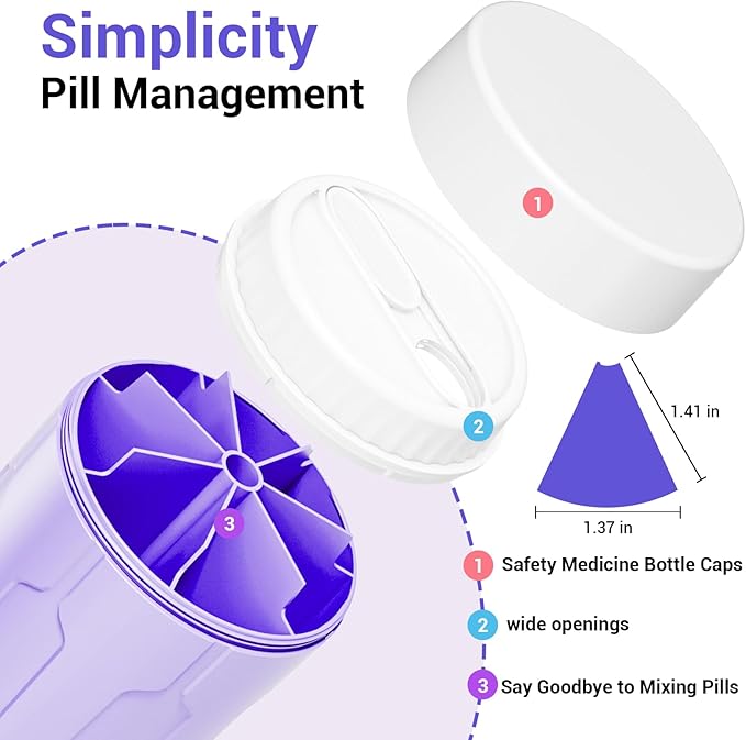 Betife Extra Large Supplement Organizer,Weekly Pill Organizer Bottle, Daily Pill Dispenser with 7 Large Compartments, Organizer to Hold 7 Day Vitamin Medication,21 labels and a cleaning brush (Purple)