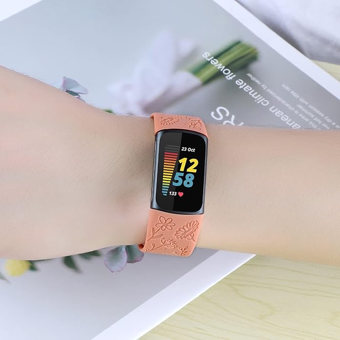 Flower Engraved Bands Compatible with Fitbit Charge 5 Band/Charge 6 Bands Women Cute Floral Engraving Soft Silicone Sport Strap Replacement Wristband for Fitbit Charge 5/6 Tracker Accessories