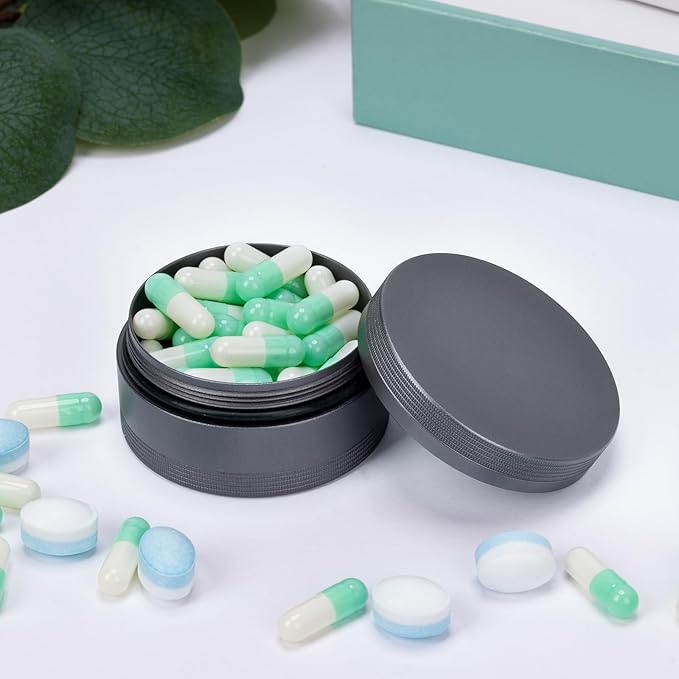 Daily Metal Pill Box Pill Case - Single Waterproof Travel Pill Container Round Aluminum Alloy Storage Medicine Organizer Multitool EDC Every Day for Vitamin, Fish Oil Gray Medium Size