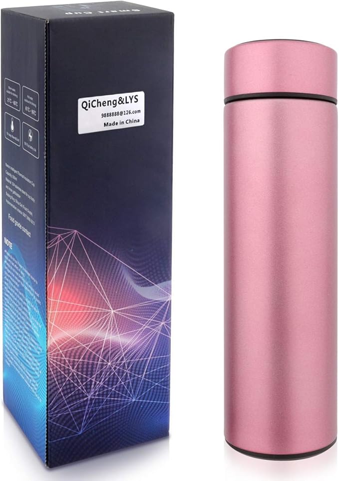 QiCheng&LYS Coffee Cup,Tea Infuser Bottle,Smart Sports Water Bottle with LED Temperature Display,17 OZ Vacuum-Insulated Stainless-Steel Water Bottle (Pink)