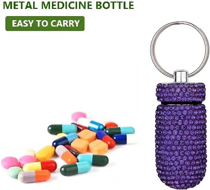GOUWEIBA 2 Pieces Bling Pill Container Portable Pill Bottle Case Waterproof Travel Medicine Box Crystal Diamond Mini Pill Holder Storage with Keychain for Outdoor Camping Traveling (Yellow, Purple)