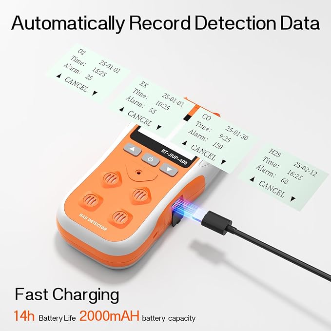 Gas Detector, 4-in-1 Monitor for H2S, CO, LEL, and O2 with Vibration, Visual, and Audible Alarms, 14-Hour Battery Life, Safety-Rated Explosion-Proof, for Work and Home - Orange