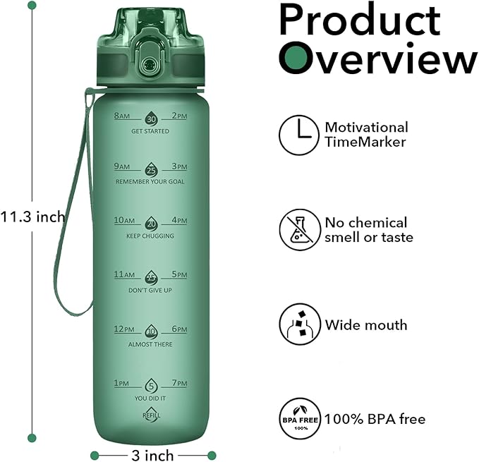 32oz Water Bottle with Time Marker, Motivational Drinking Bottle with Strap, BPA-Free Leak-Proof, Encouraging Water Bottle Time to Drink Water for Gym School Office Travel