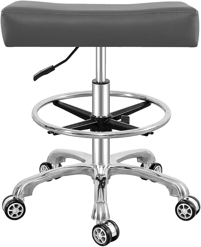 Antlu Adjustable Rolling Swivel Stool Chair for Massage Office Tattoo Kitchen, Work Stool with Wheels (Grey, with Foot Ring)